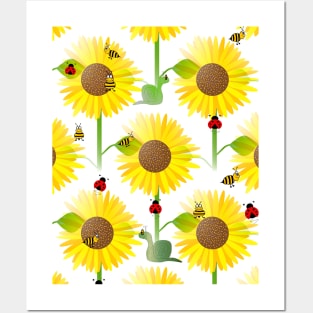 YELLOW Sunflowers Blooming And Cute Ladybugs Posters and Art